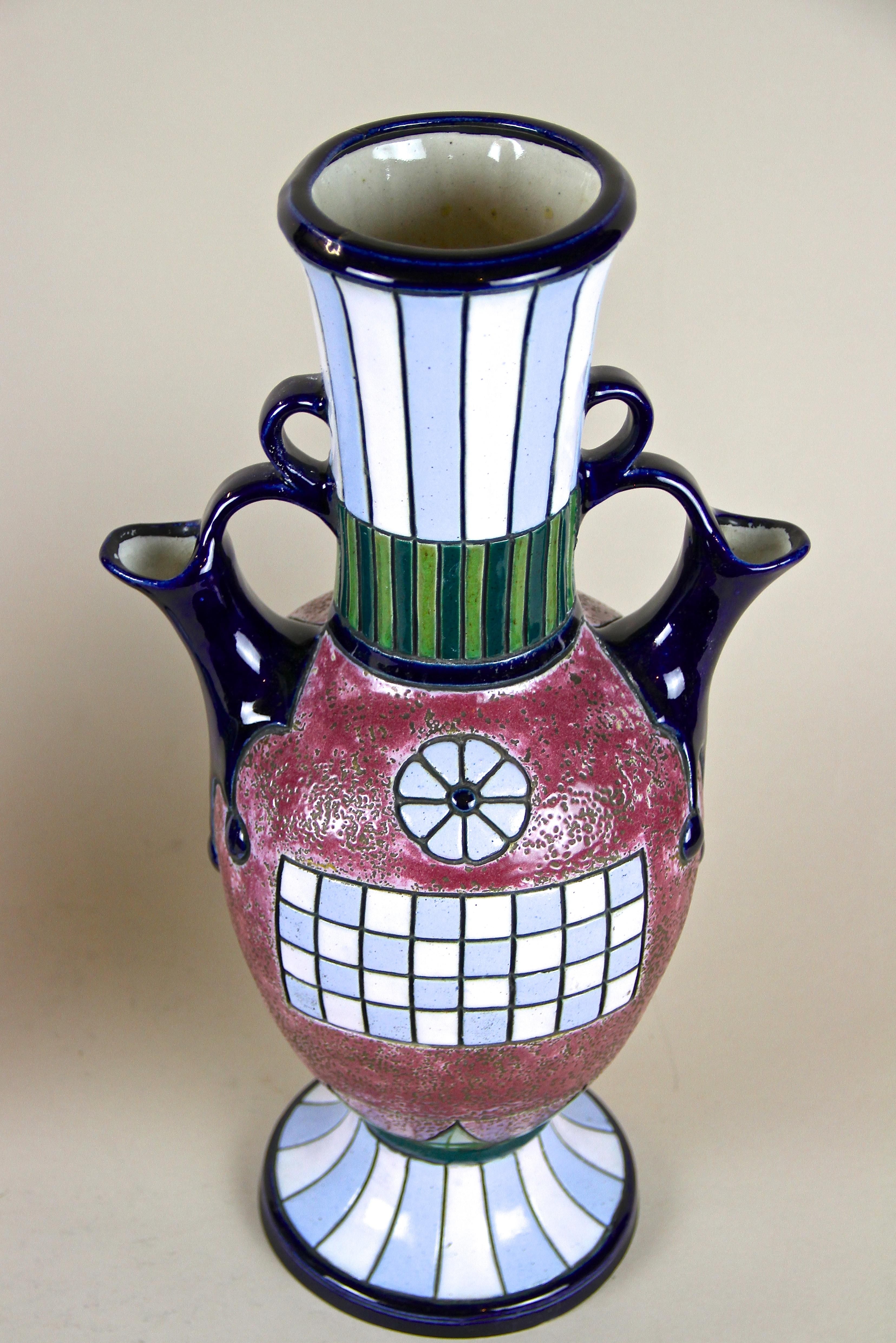 Pair of Majolica Amphora Vases Enamel Painted by Amphora CZ, circa 1920 2