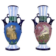 Pair of Majolica Amphora Vases Enamel Painted by Amphora CZ, circa 1920