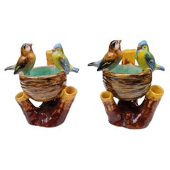 Pair of Majolica Birds Nest Vase Jerome Massier , circa 1920