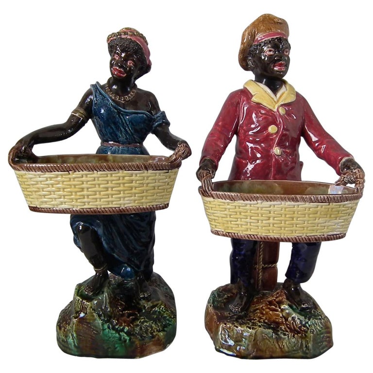 Pair of Majolica Blackamoor Figures Holding Baskets For Sale at 1stdibs