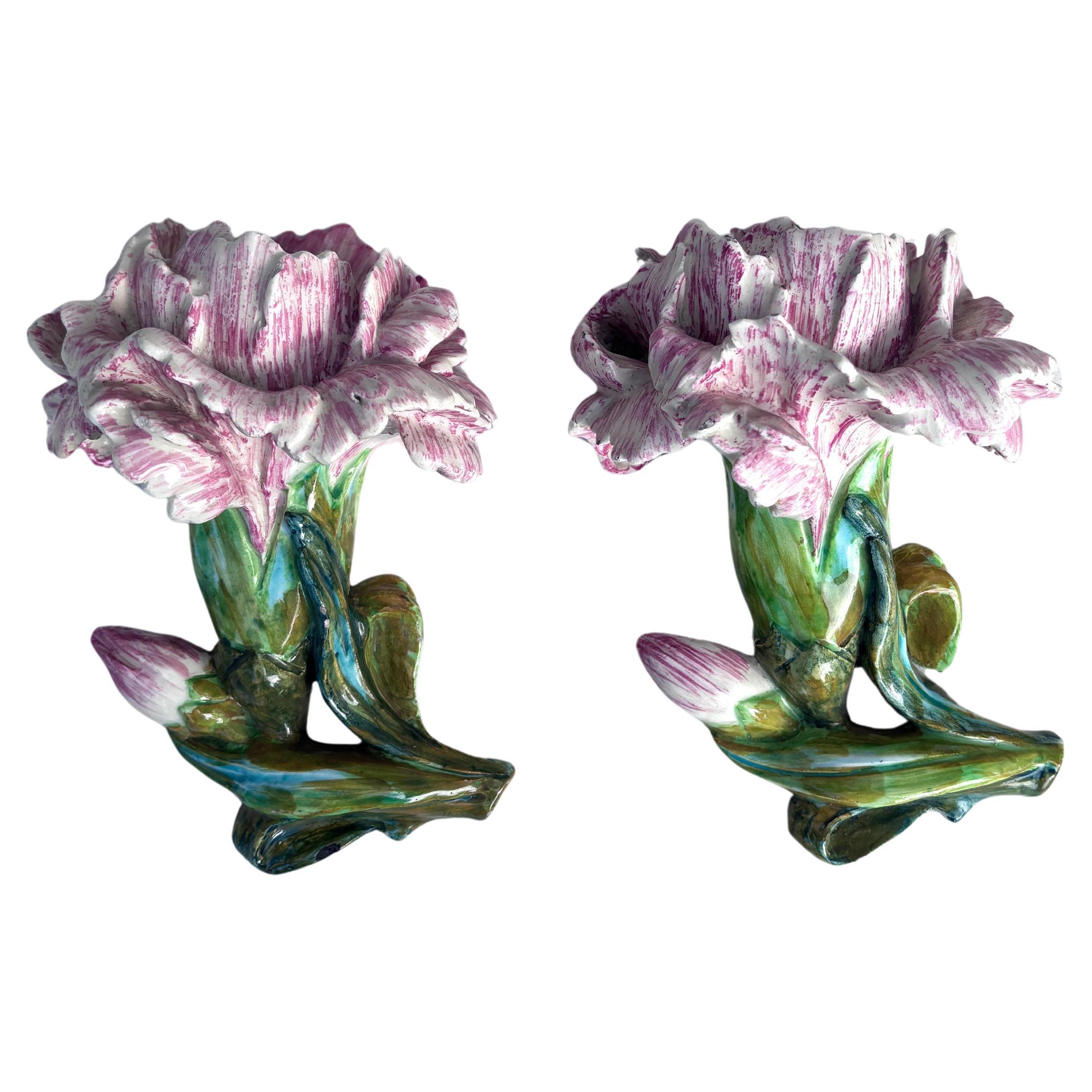 Pair of Majolica Carnations Wall Pocket Delphin Massier, circa 1880 For Sale