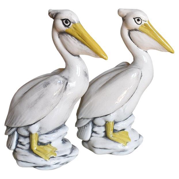 American Pair of Majolica Ceramic Pelican Birds in Yellow Cream and Black, a Pair For Sale