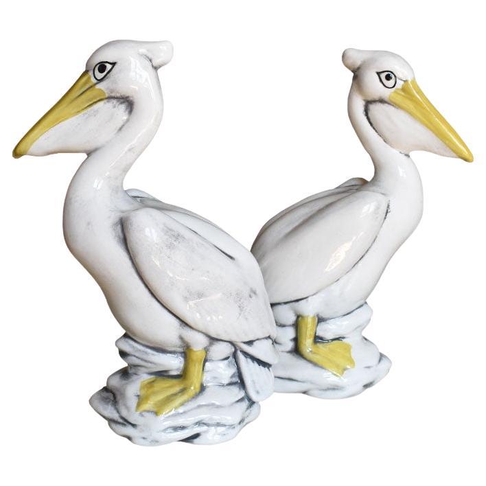 Pair of Majolica Ceramic Pelican Birds in Yellow Cream and Black, a Pair For Sale