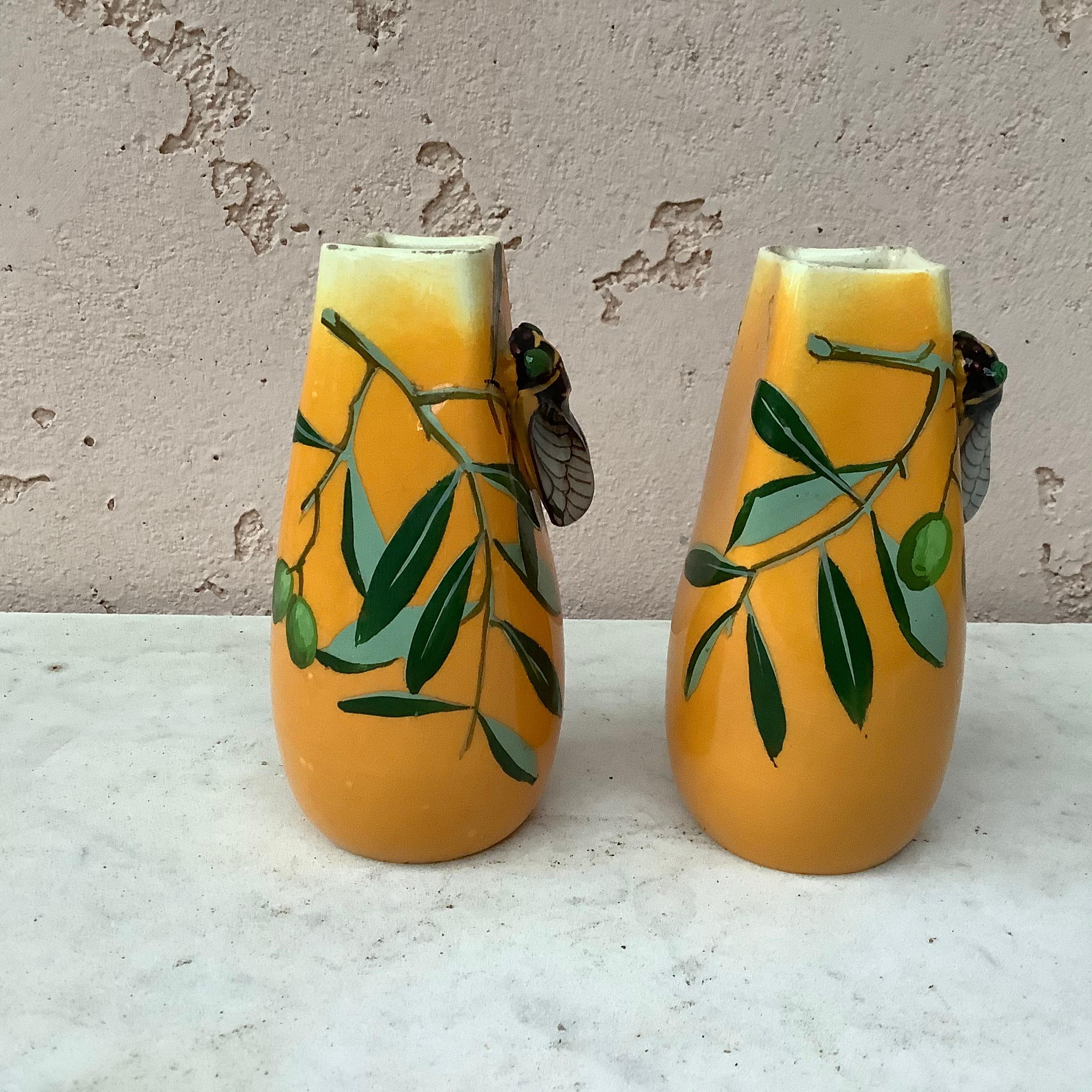 Country Pair of Majolica Cicada and Olives Vases Jerome Massier Fils
