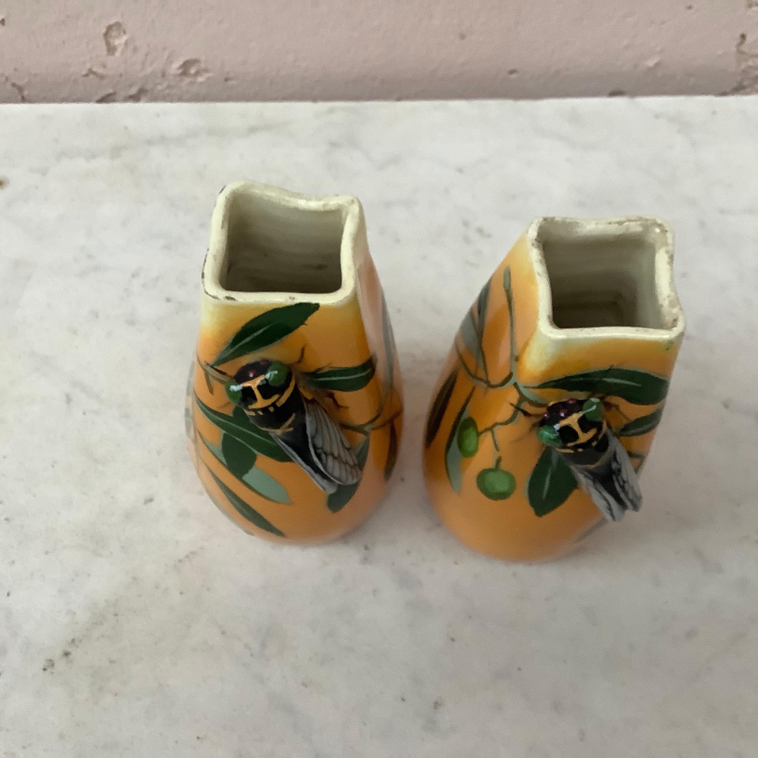 French Pair of Majolica Cicada and Olives Vases Jerome Massier Fils