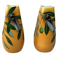 Pair of Majolica Cicada and Olives Vases Jerome Massier Fils