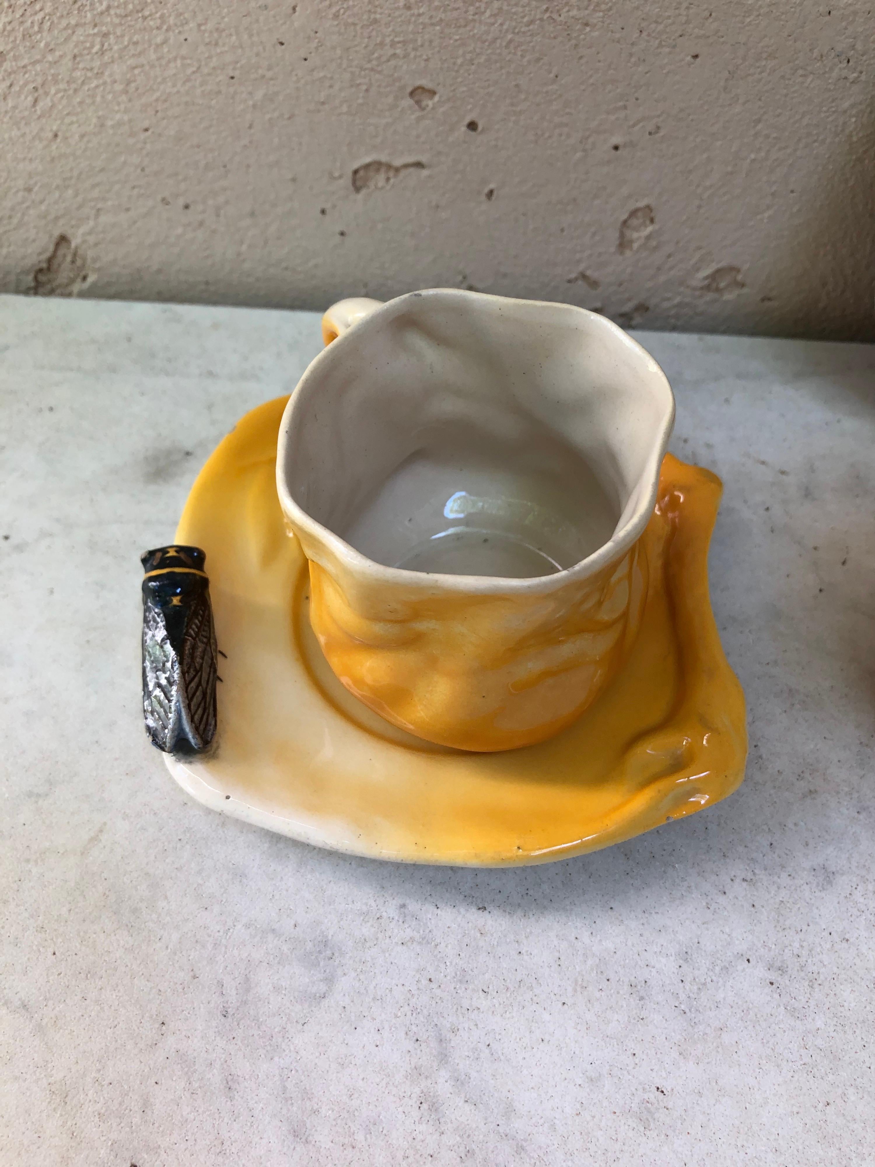 Ceramic Pair of Majolica Cups & Saucers With Cicada Sicart, Circa 1950 For Sale