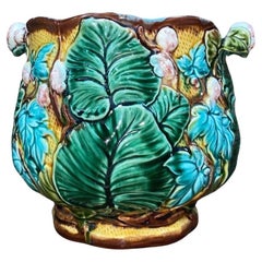 Pair of Majolica Flowers & Leaves Cache Pots Luneville Circa 1890