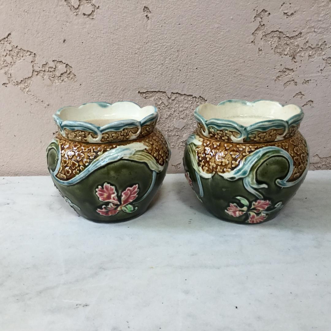 Unusual pair of miniature Majolica cache pots in two parts decorated with orchids Fives Lille, circa 1890.