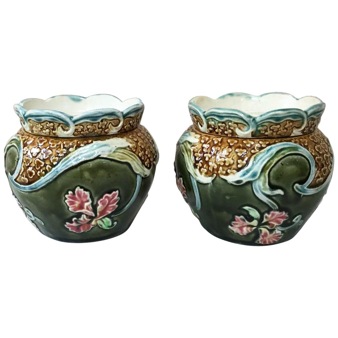 Pair of Majolica Orchid Cache Pots Fives Lille, circa 1890