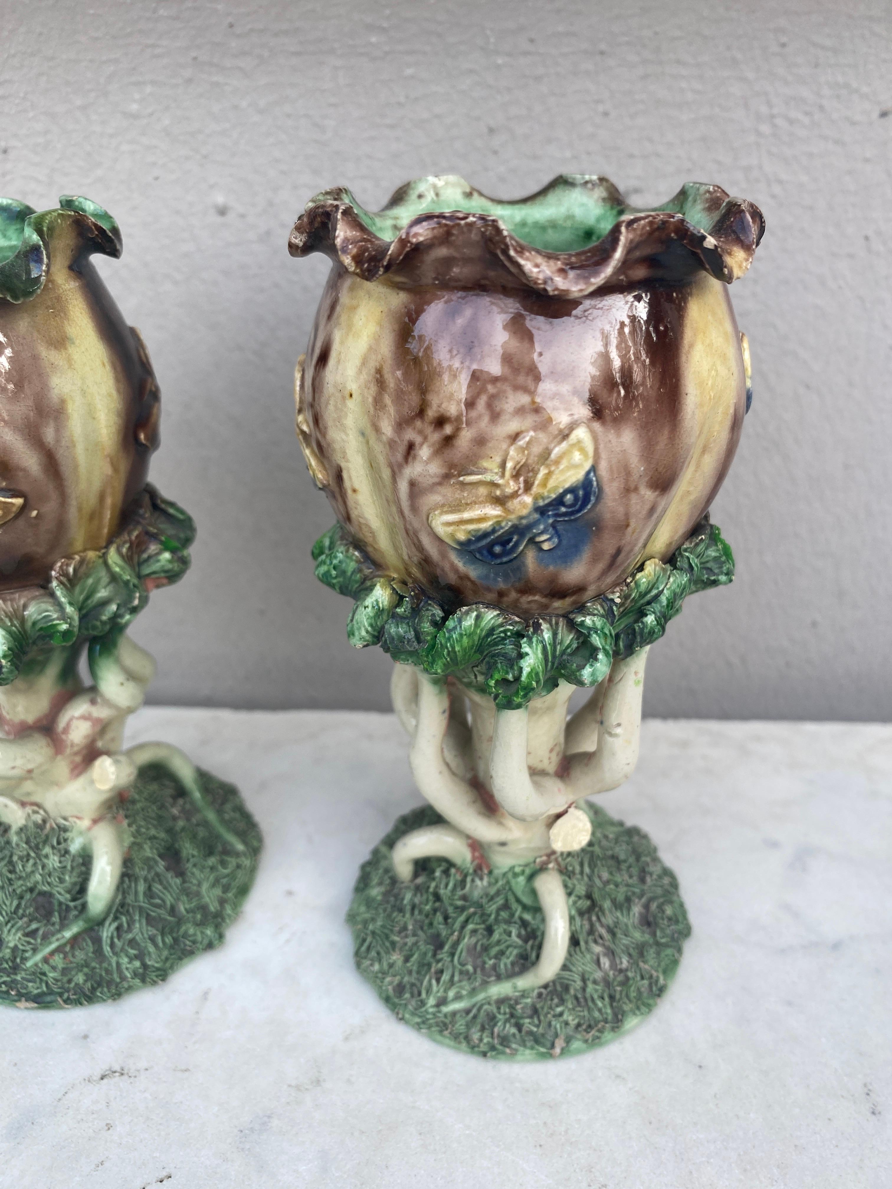 Pair of 19th century Palissy chalices vases with butterflies signed Thomas Sergent, the feets are stylized seaweeds in a Renaissance style.
School of Paris.
The School of Paris was composed by makers as Victor Barbizet, Francois Maurice, Thomas