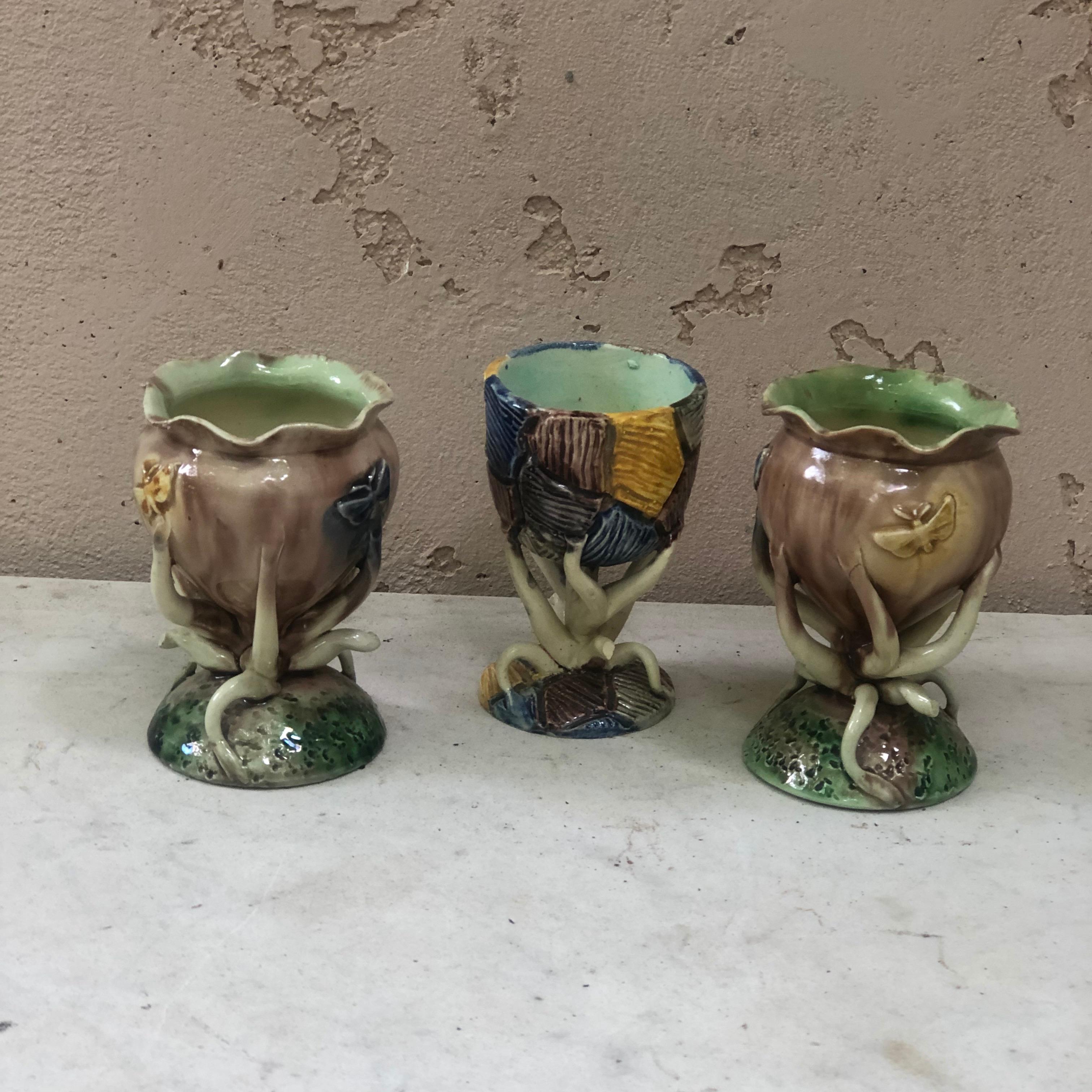 Pair of Majolica Palissy Vases with Butterflies Thomas Sergent, circa 1880 In Good Condition For Sale In Austin, TX