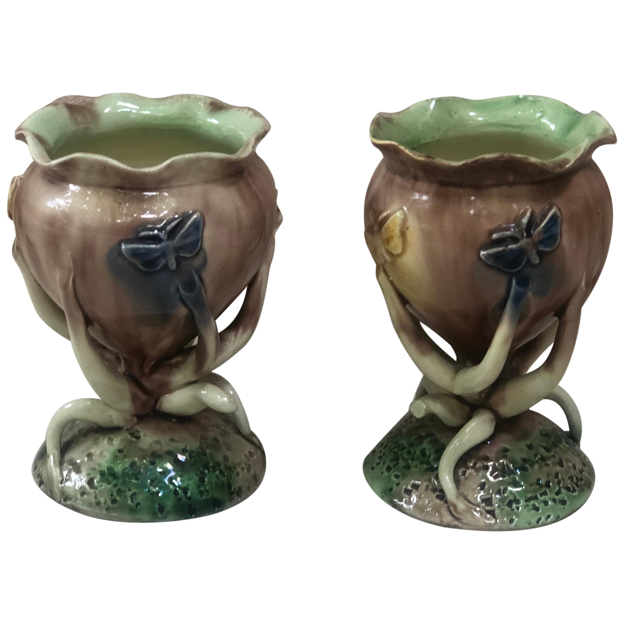 Paire de vases Palissy en majolique avec papillons Thomas Sergent:: vers 1880 en vente