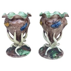 Pair of Majolica Palissy Vases with Butterflies Thomas Sergent, circa 1880