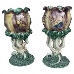 Pair of Majolica Palissy Vases with Butterflies Thomas Sergent, circa 1880