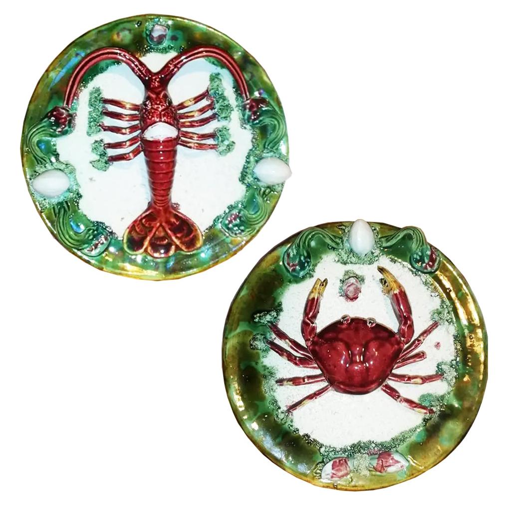 Pair of Majolica Palissy Lobster and Crab  Platters, circa 1940