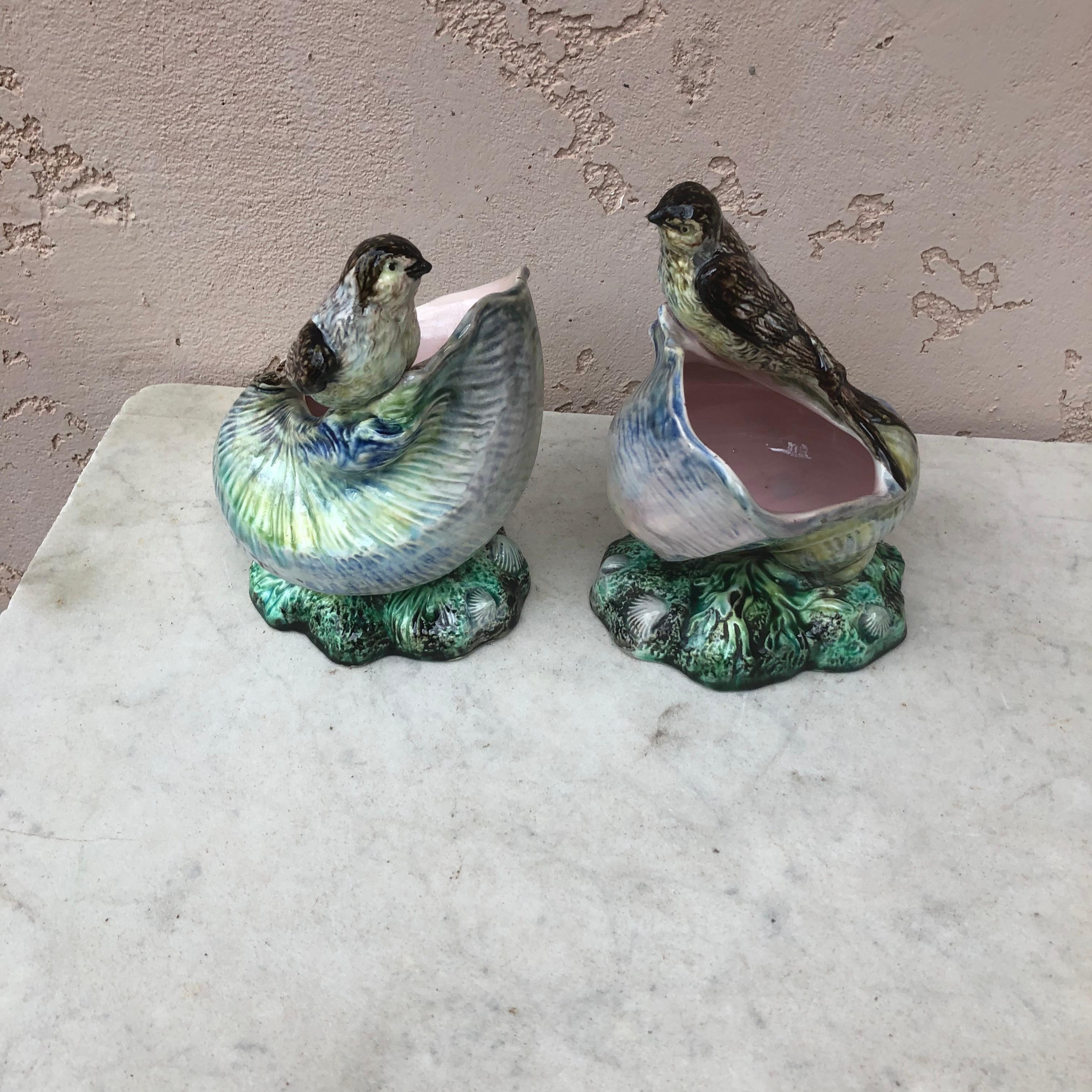 Rare Pair of shells jardinieres with swallows circa 1890, the base is decorated with shells.