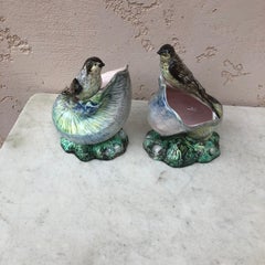 Pair of Majolica Shells with Birds Swallows Jardinieres Circa 1890