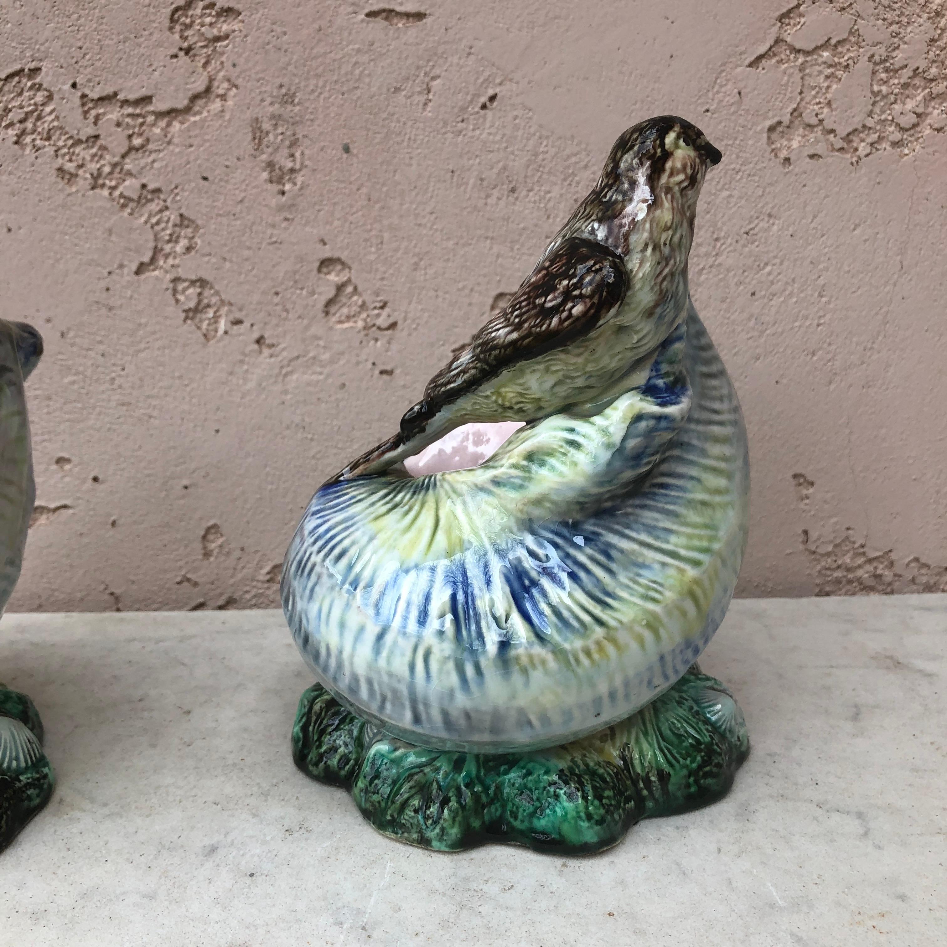 Rustic Pair of Majolica Shells with Birds Swallows Jardinieres Circa 1890