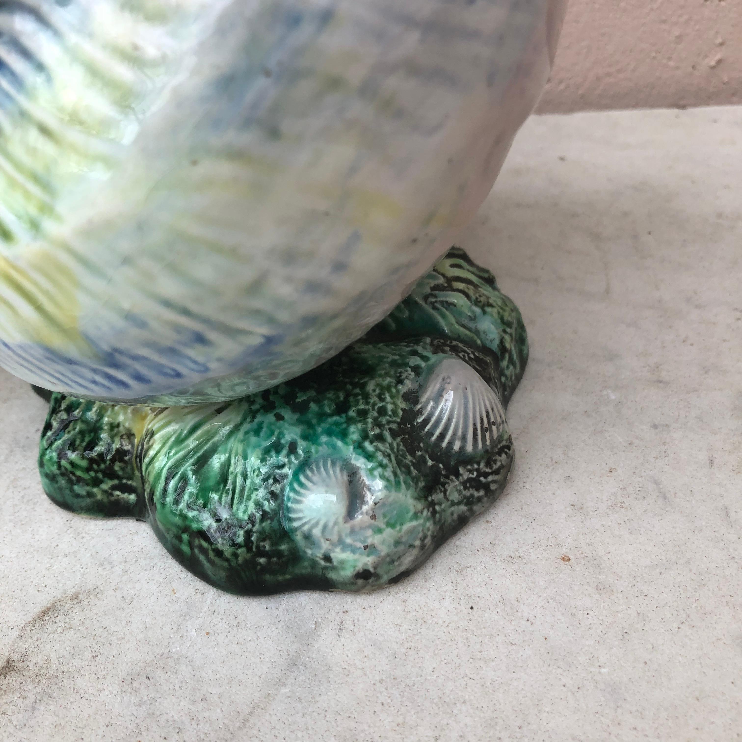 Pair of Majolica Shells with Birds Swallows Jardinieres Circa 1890 In Good Condition In Austin, TX