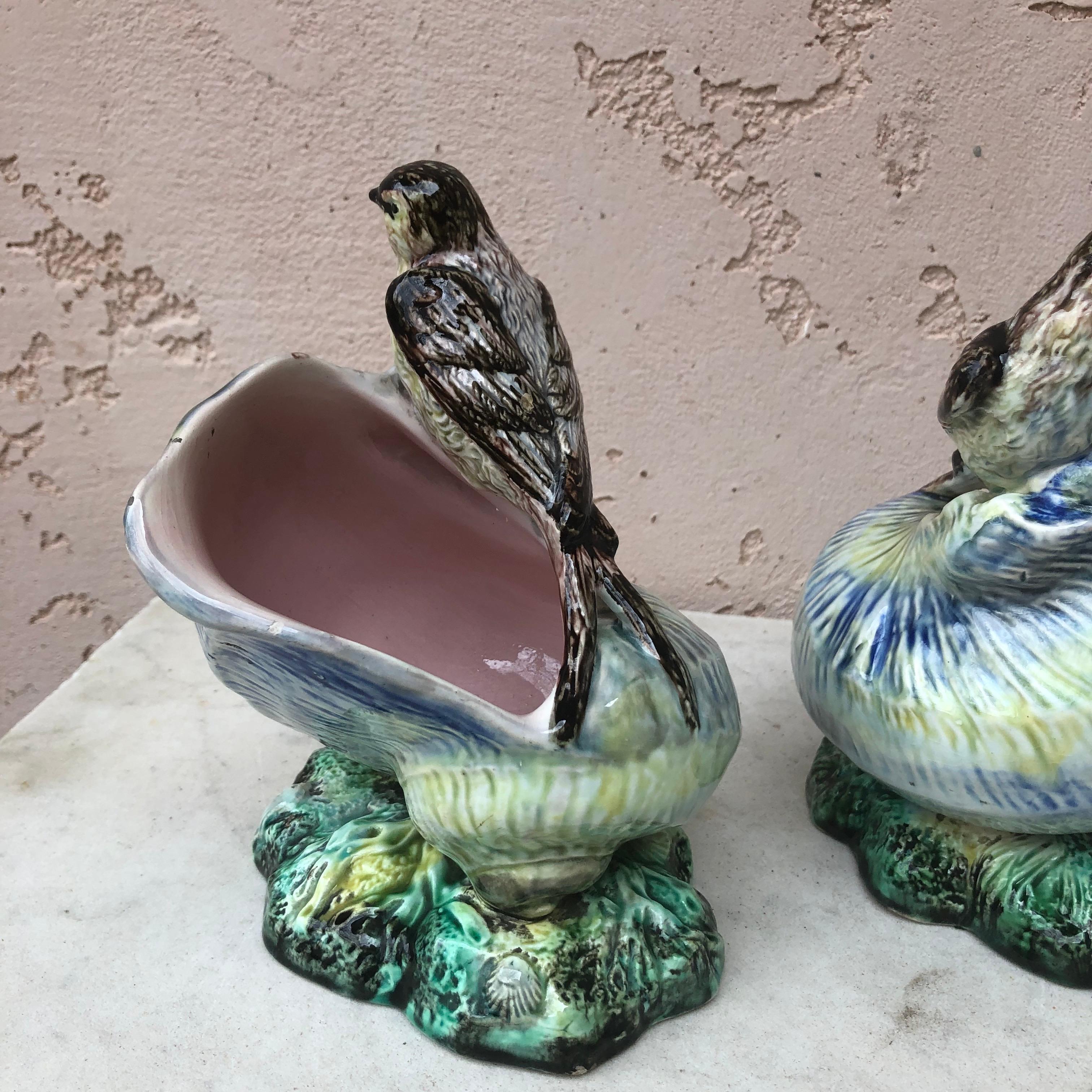 Late 19th Century Pair of Majolica Shells with Birds Swallows Jardinieres Circa 1890