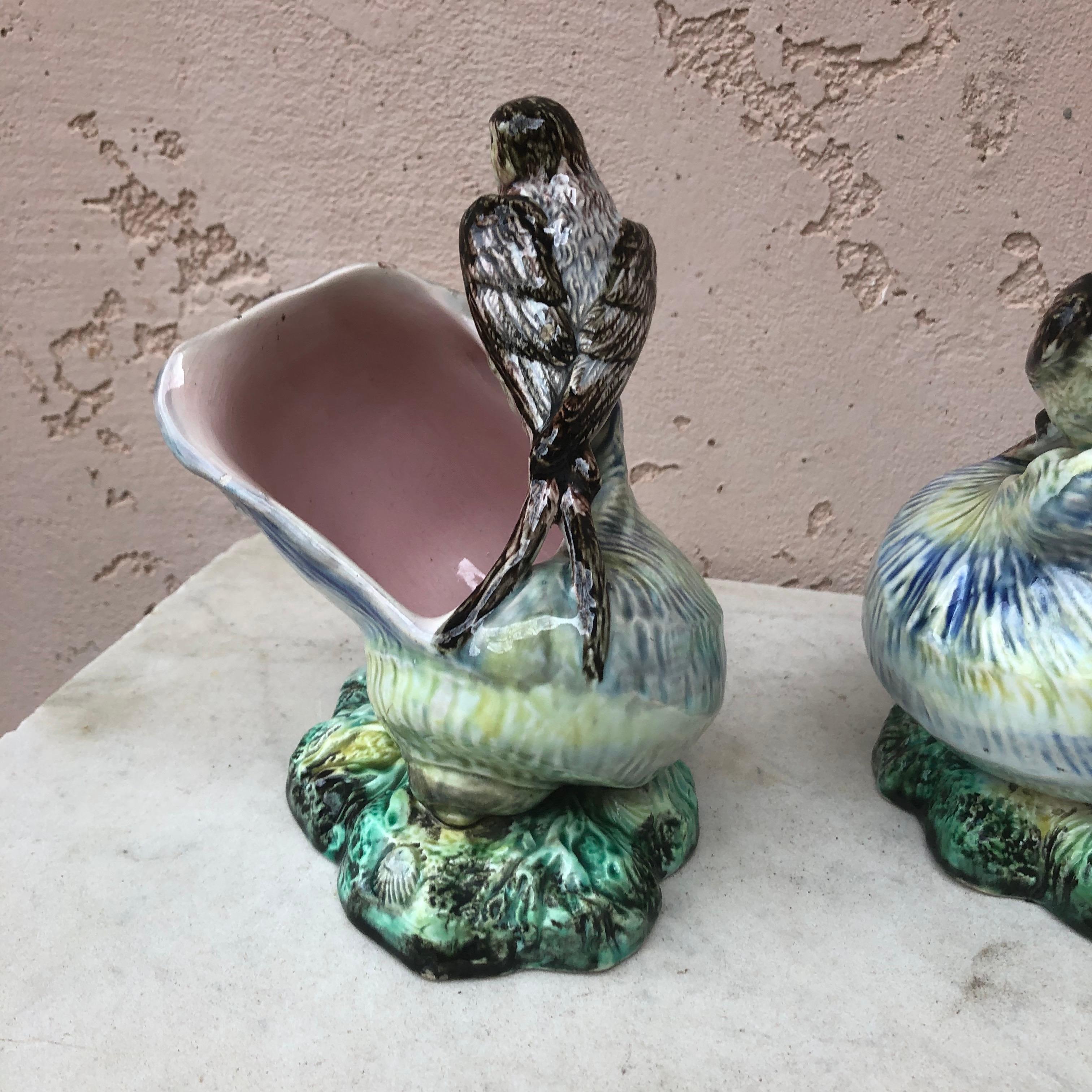 Ceramic Pair of Majolica Shells with Birds Swallows Jardinieres Circa 1890
