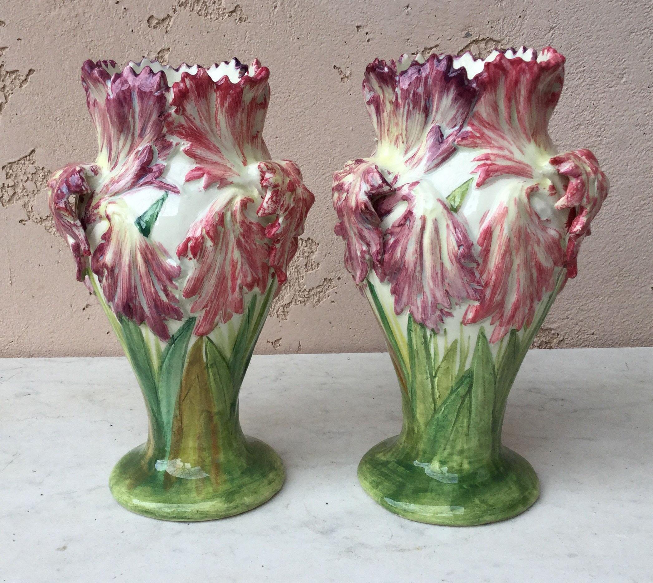 Pair of Majolica Tulip Vases Delphin Massier, circa 1880 In Good Condition In Austin, TX