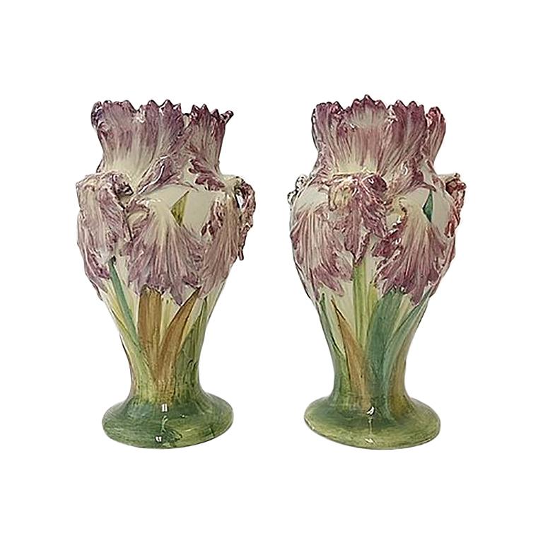 Pair of Majolica Tulip Vases Delphin Massier, circa 1880
