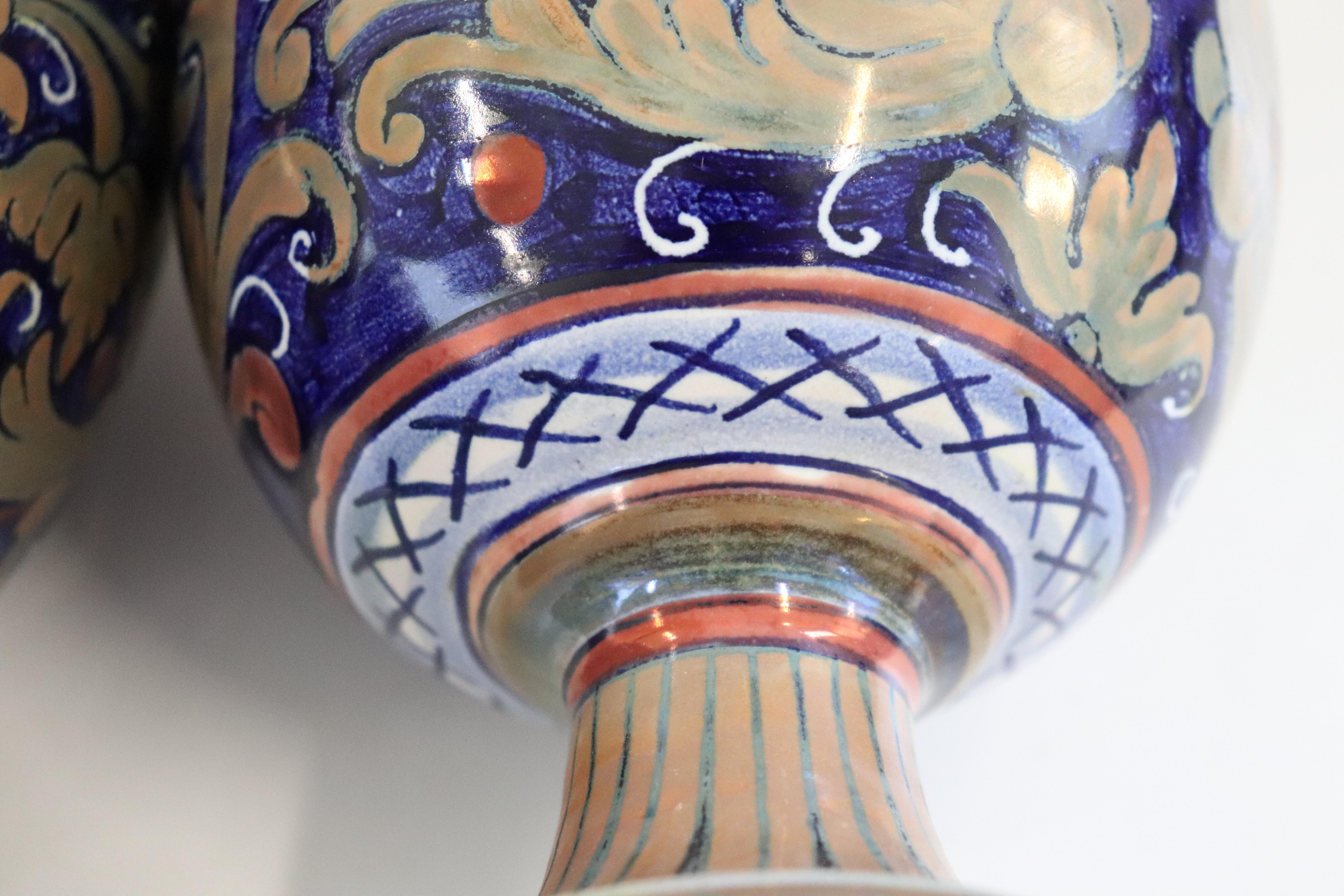 Pair of Majolica Vases with Blue Decorations by Gualdo Tadino, 1920s 6