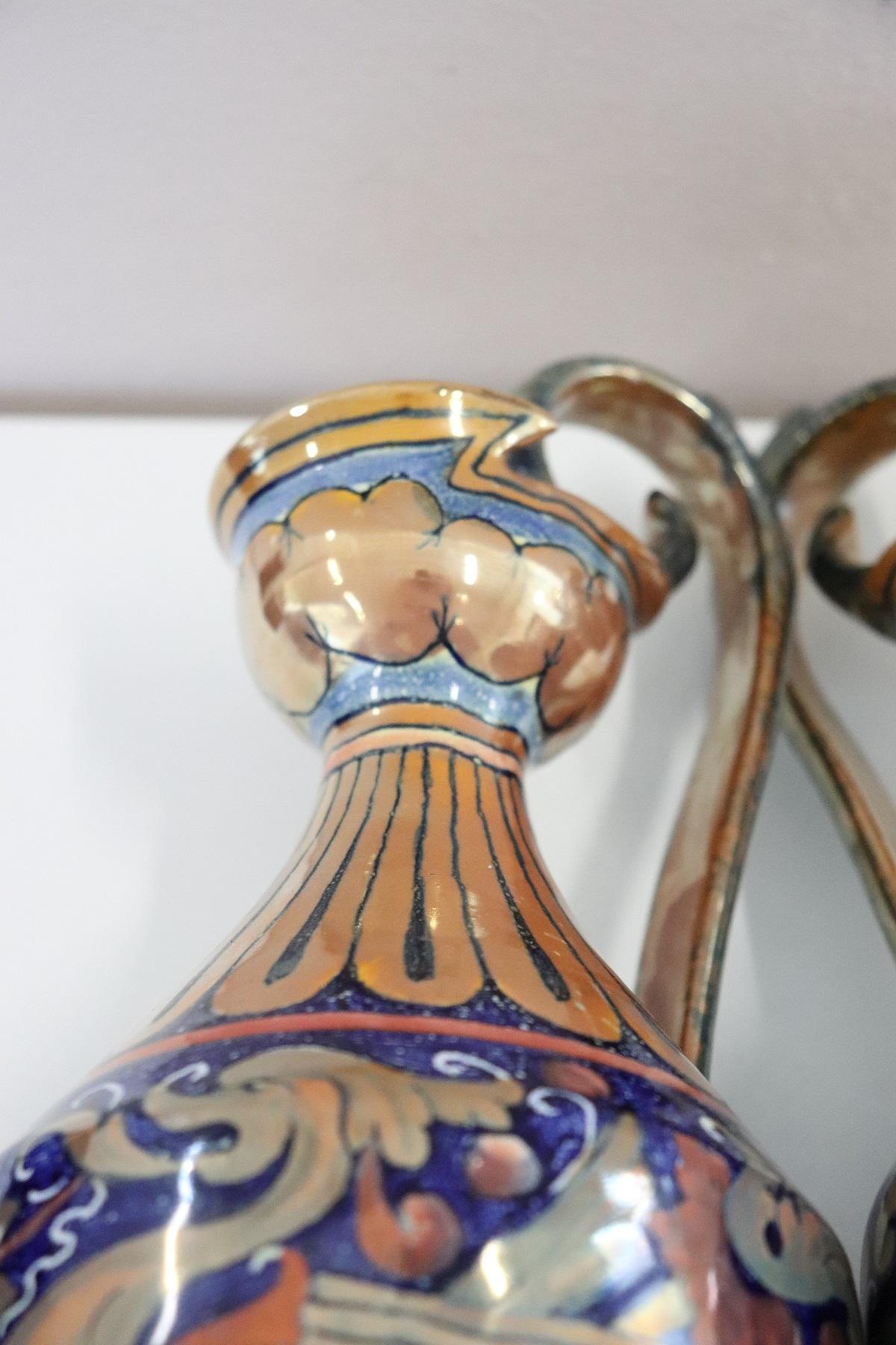 Pair of Majolica Vases with Blue Decorations by Gualdo Tadino, 1920s 7