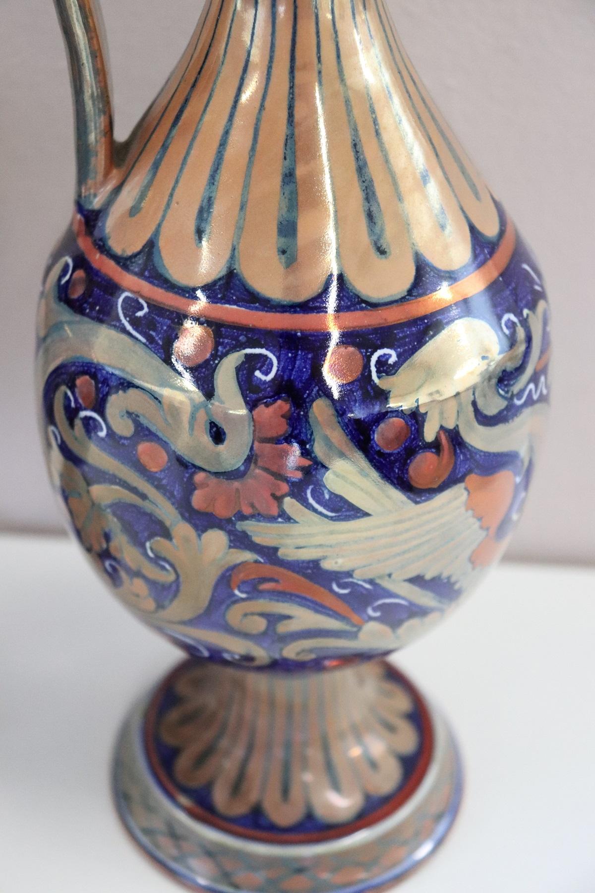 Italian Pair of Majolica Vases with Blue Decorations by Gualdo Tadino, 1920s