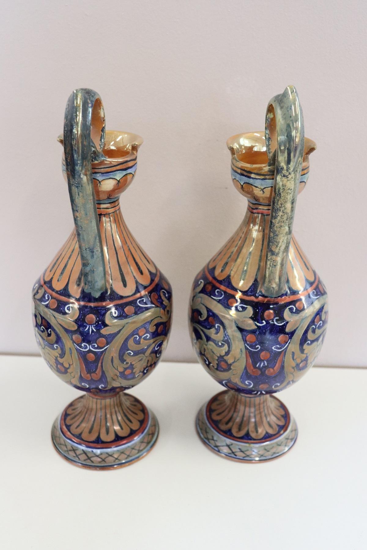 Early 20th Century Pair of Majolica Vases with Blue Decorations by Gualdo Tadino, 1920s