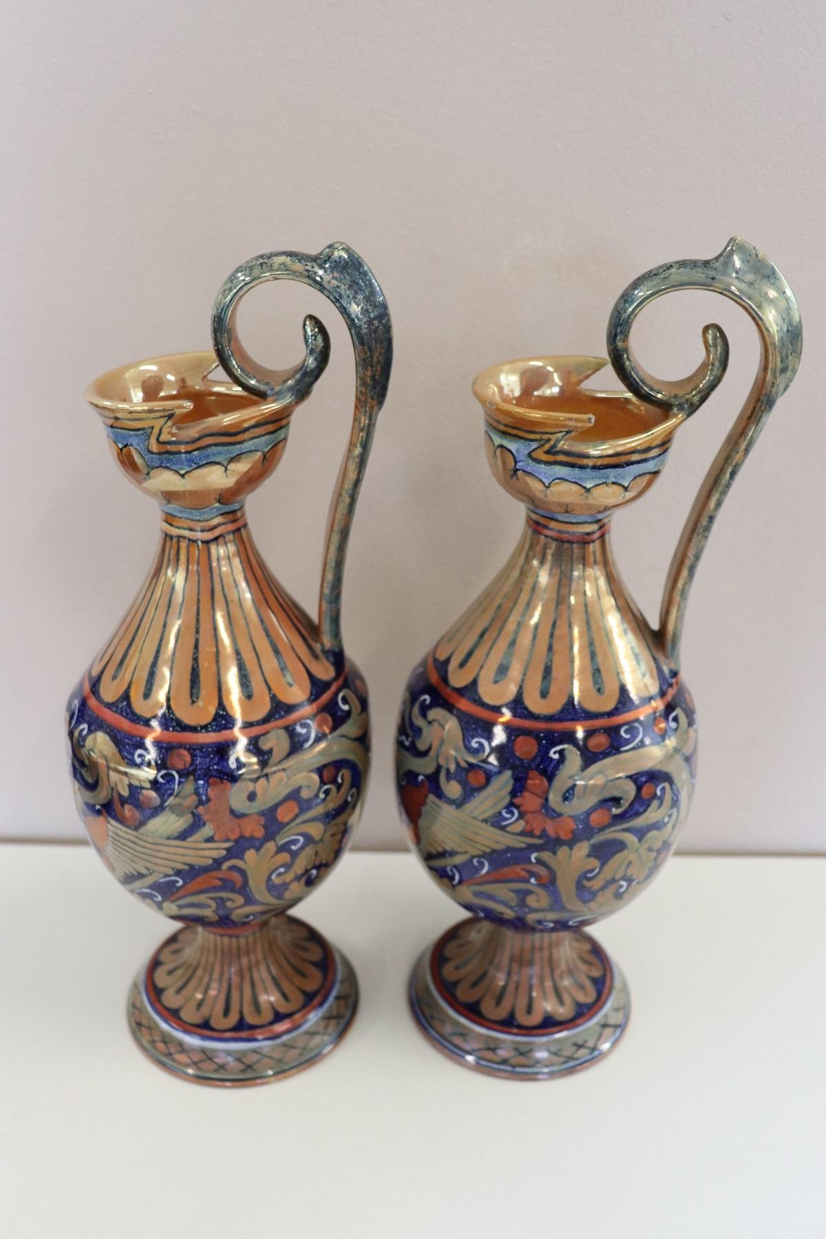 Pair of Majolica Vases with Blue Decorations by Gualdo Tadino, 1920s 1