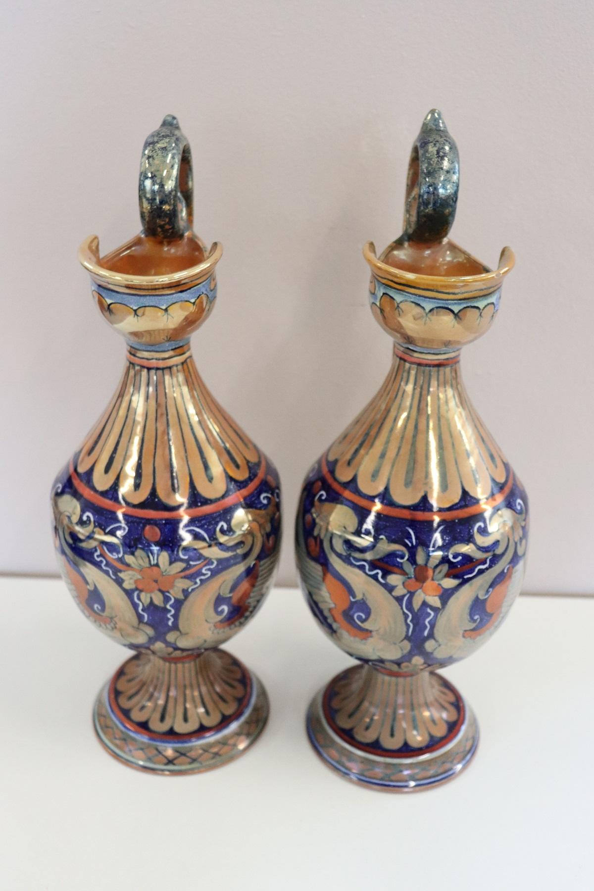 Pair of Majolica Vases with Blue Decorations by Gualdo Tadino, 1920s 2