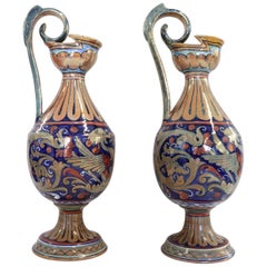 Pair of Majolica Vases with Blue Decorations by Gualdo Tadino, 1920s