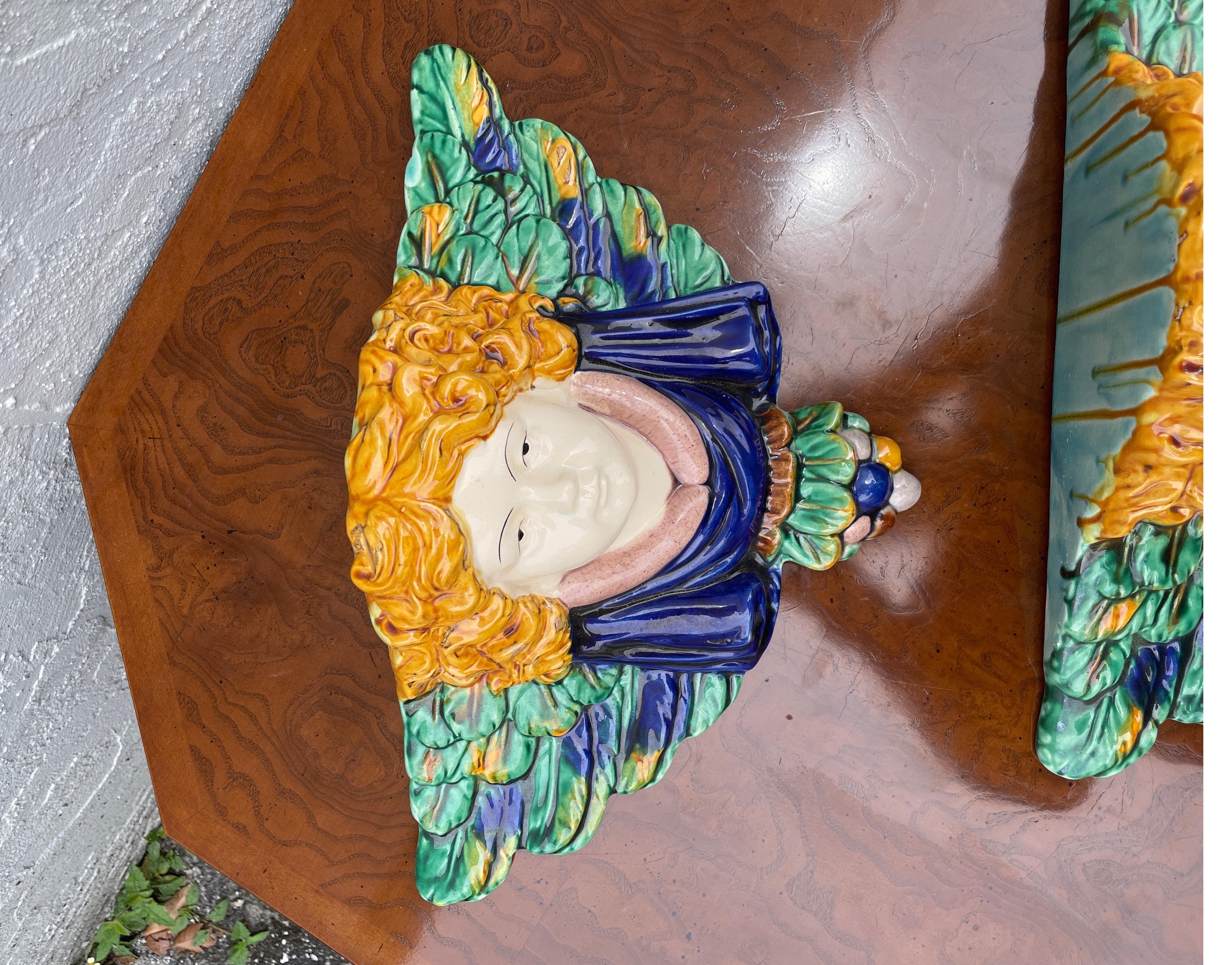 Pair of Majolica Winged Angel Wall Brackets In Good Condition For Sale In West Palm Beach, FL