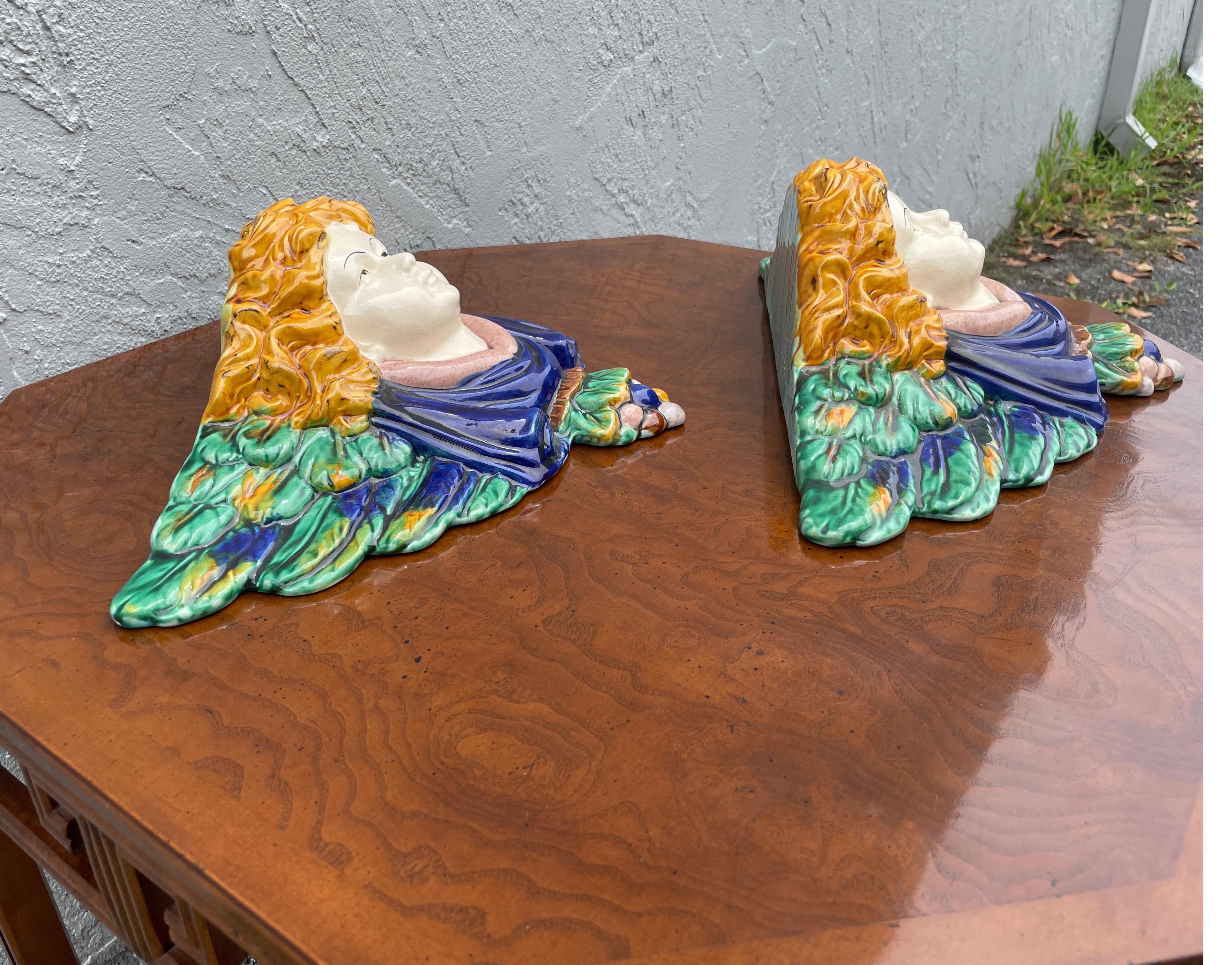 Pair of Majolica Winged Angel Wall Brackets For Sale 1