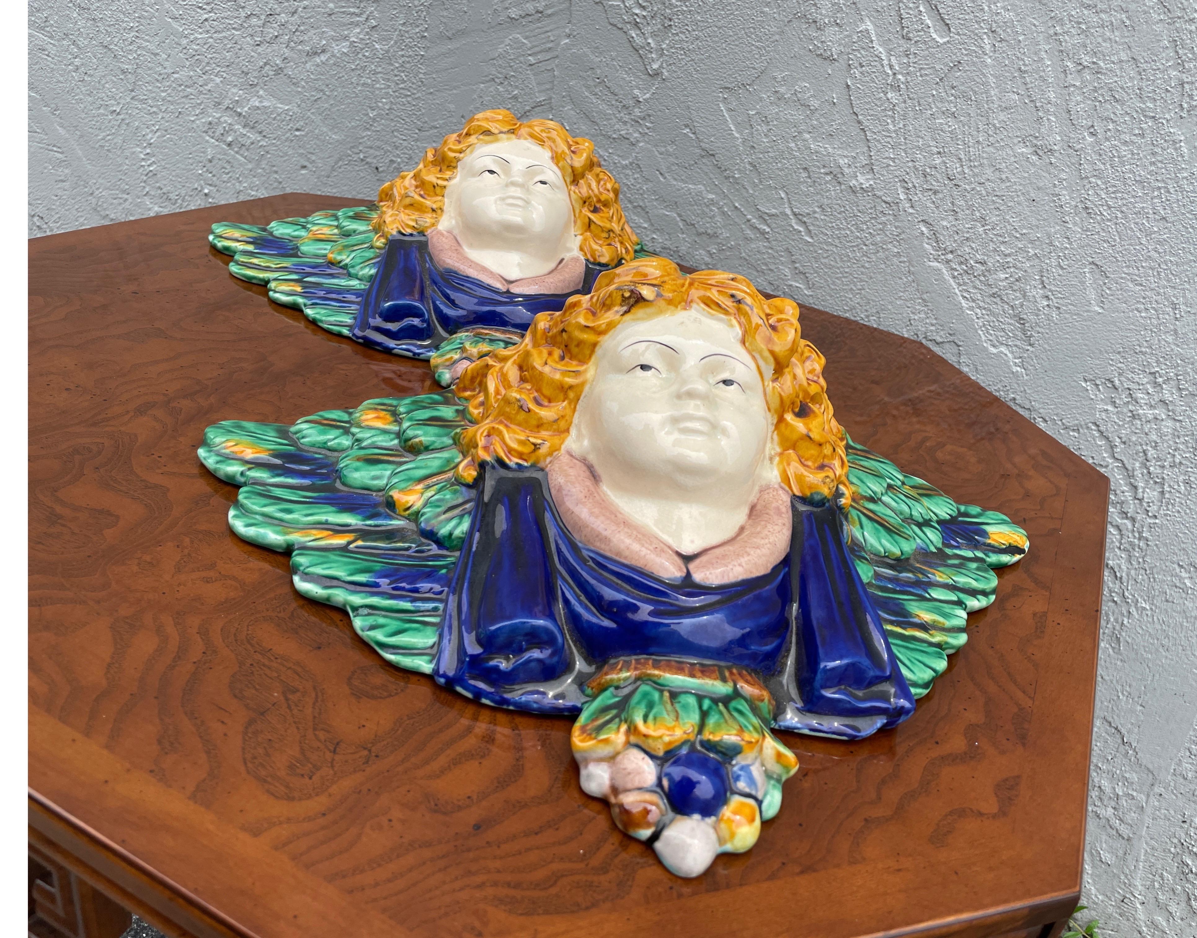 Pair of Majolica Winged Angel Wall Brackets For Sale 3