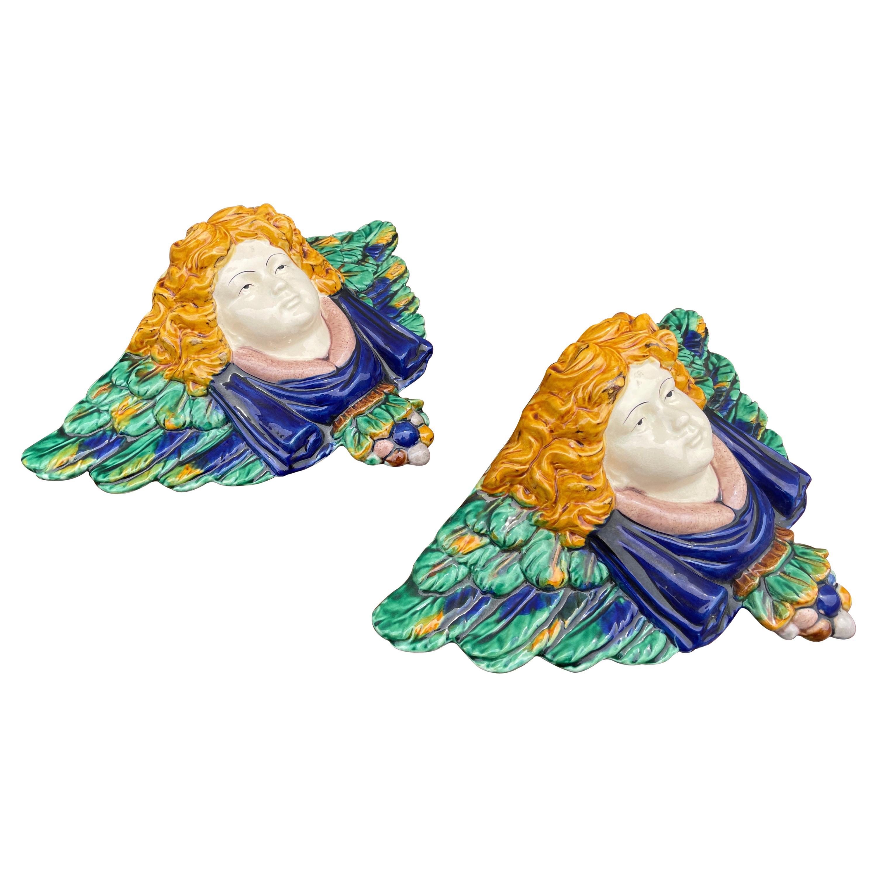 Pair of Majolica Winged Angel Wall Brackets For Sale