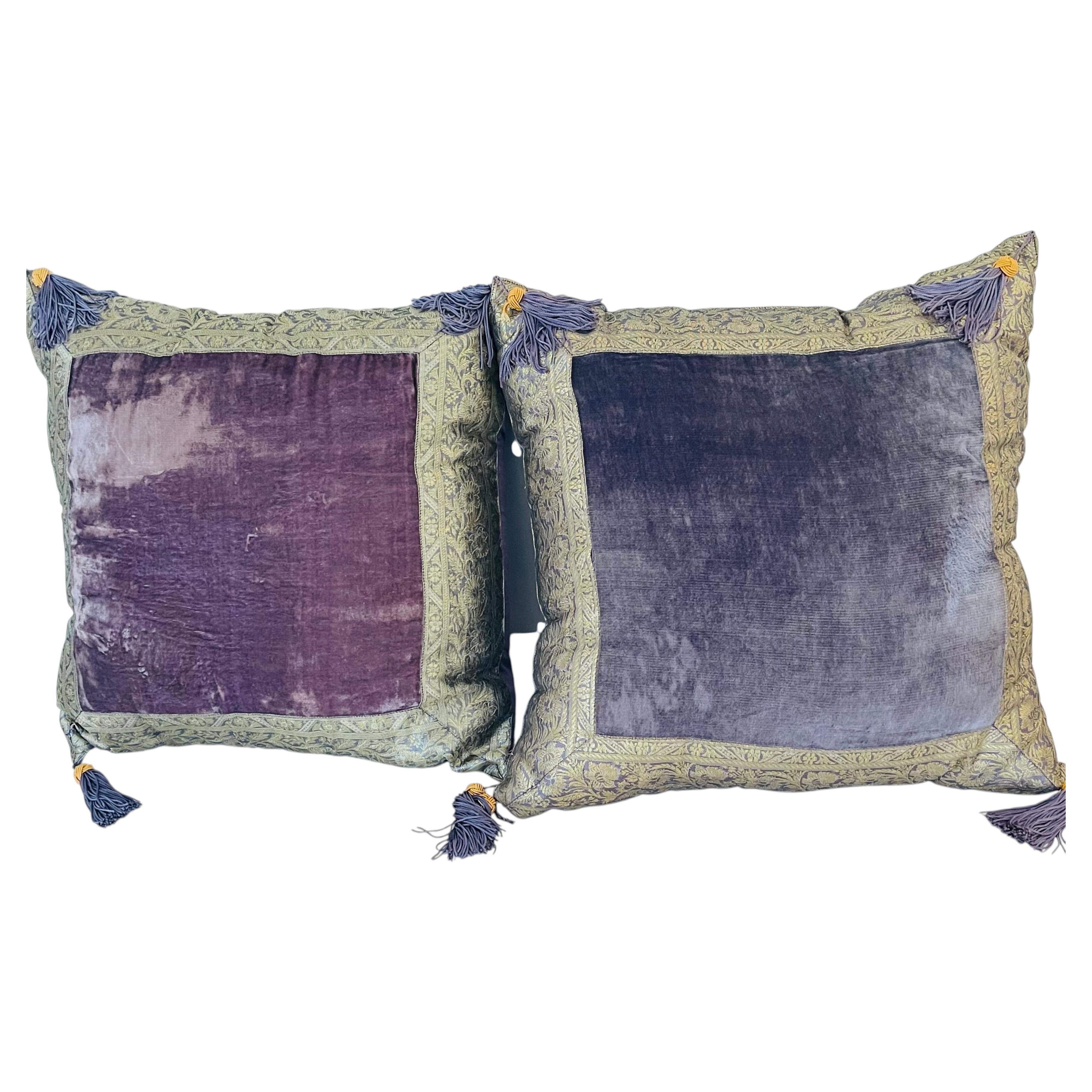 Pair of Makaresh Velvet Pillows with Gold Brocade For Sale