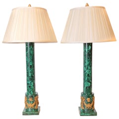 Pair of Malachite and Gilt Bronze Classical Column Lamps