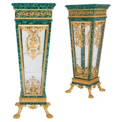 Pair of Malachite and Gilt Bronze Pedestal Display Cabinets