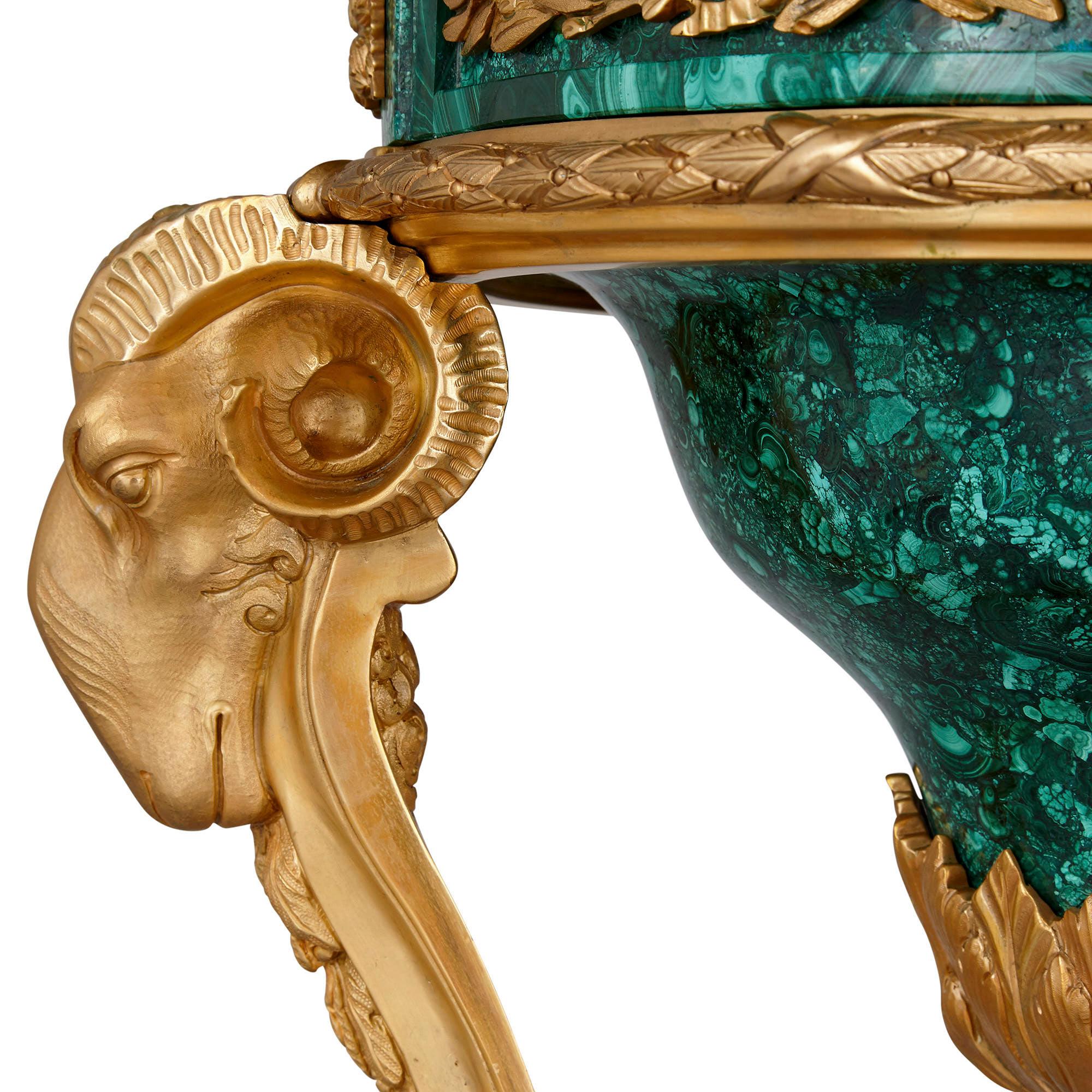French Pair of Malachite and Gilt Bronze Stands in the Neoclassical Style For Sale
