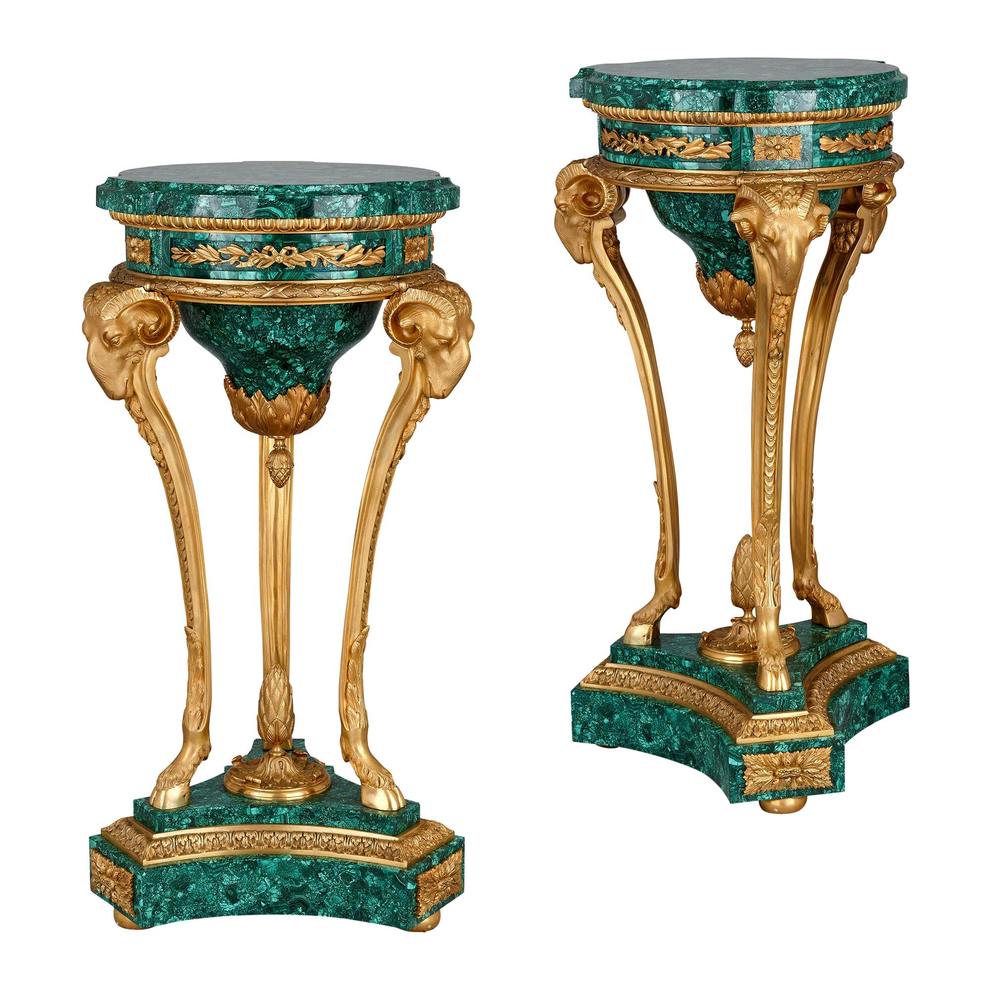 Pair of Malachite and Gilt Bronze Stands in the Neoclassical Style For Sale