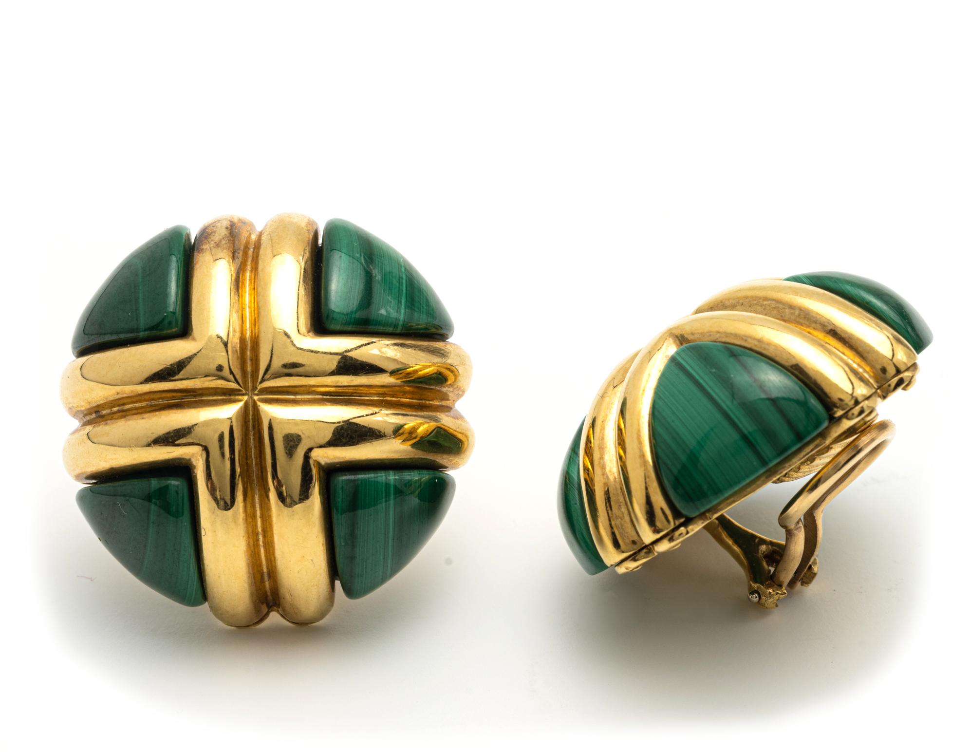 
Pair of Malachite and Gold Earclips
18 karat yellow gold
diameter approximately 1.1 inches
gr wt approx 31 dwts