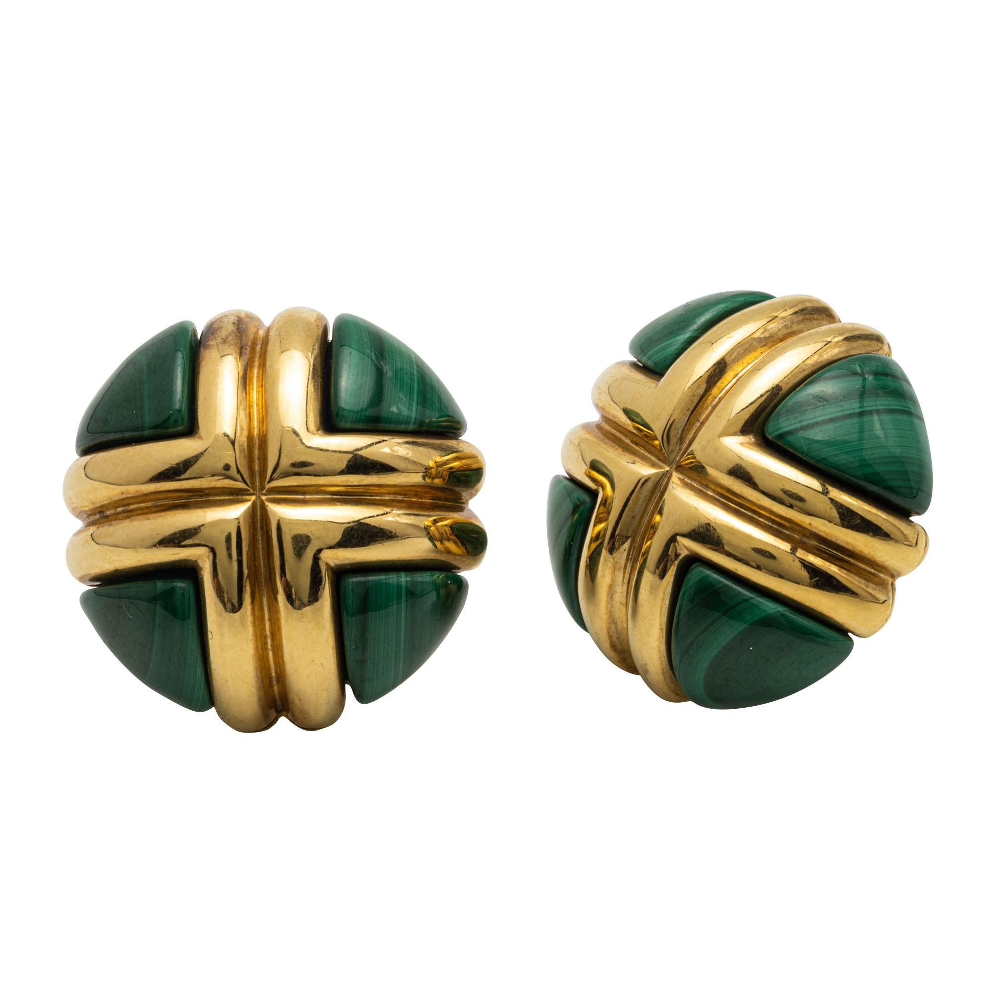 Round Cut Pair of Malachite and Gold Earclips For Sale