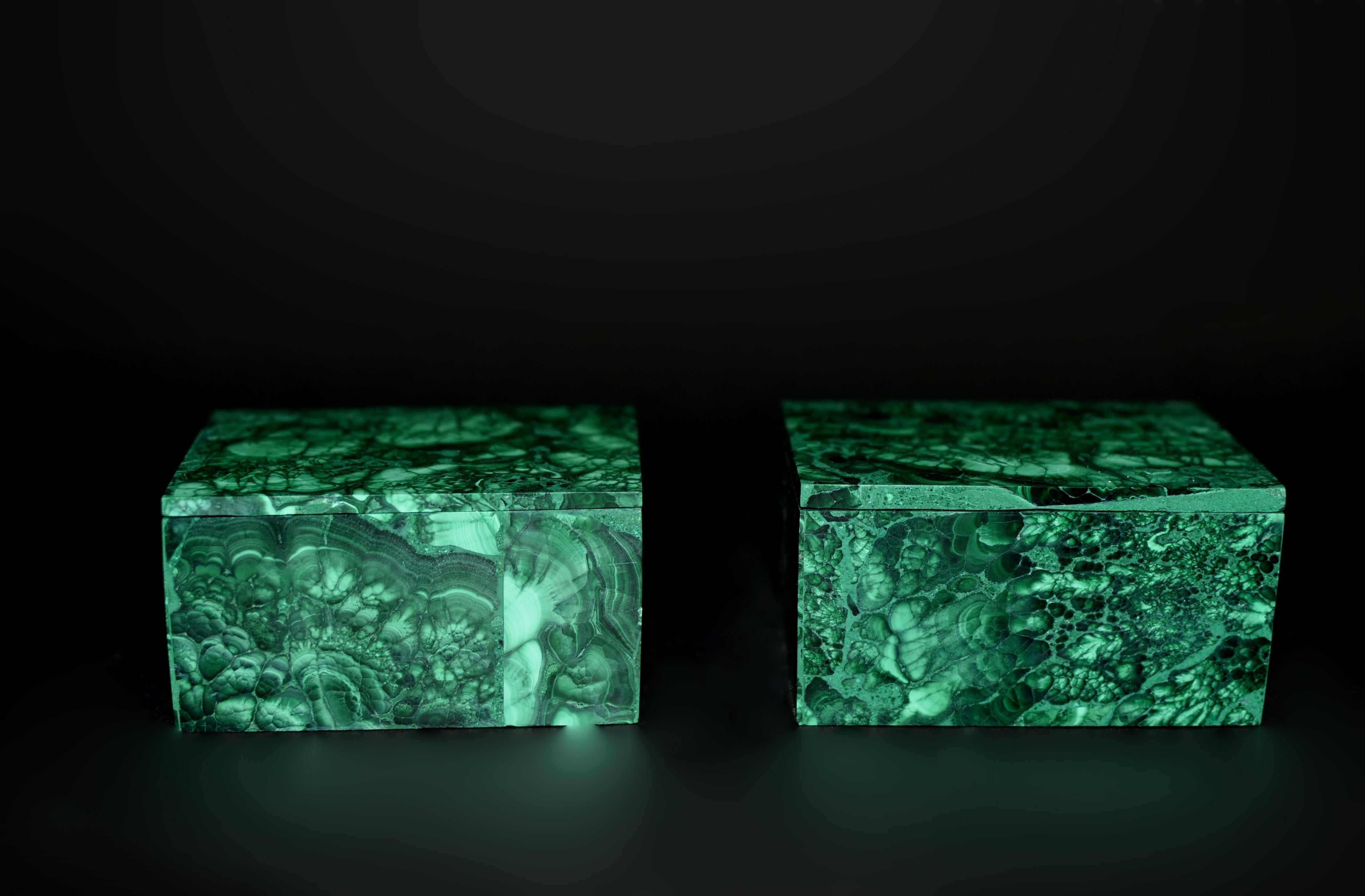 Hand-Crafted Pair of Malachite Jewelry Boxes 2.5 Lb For Sale