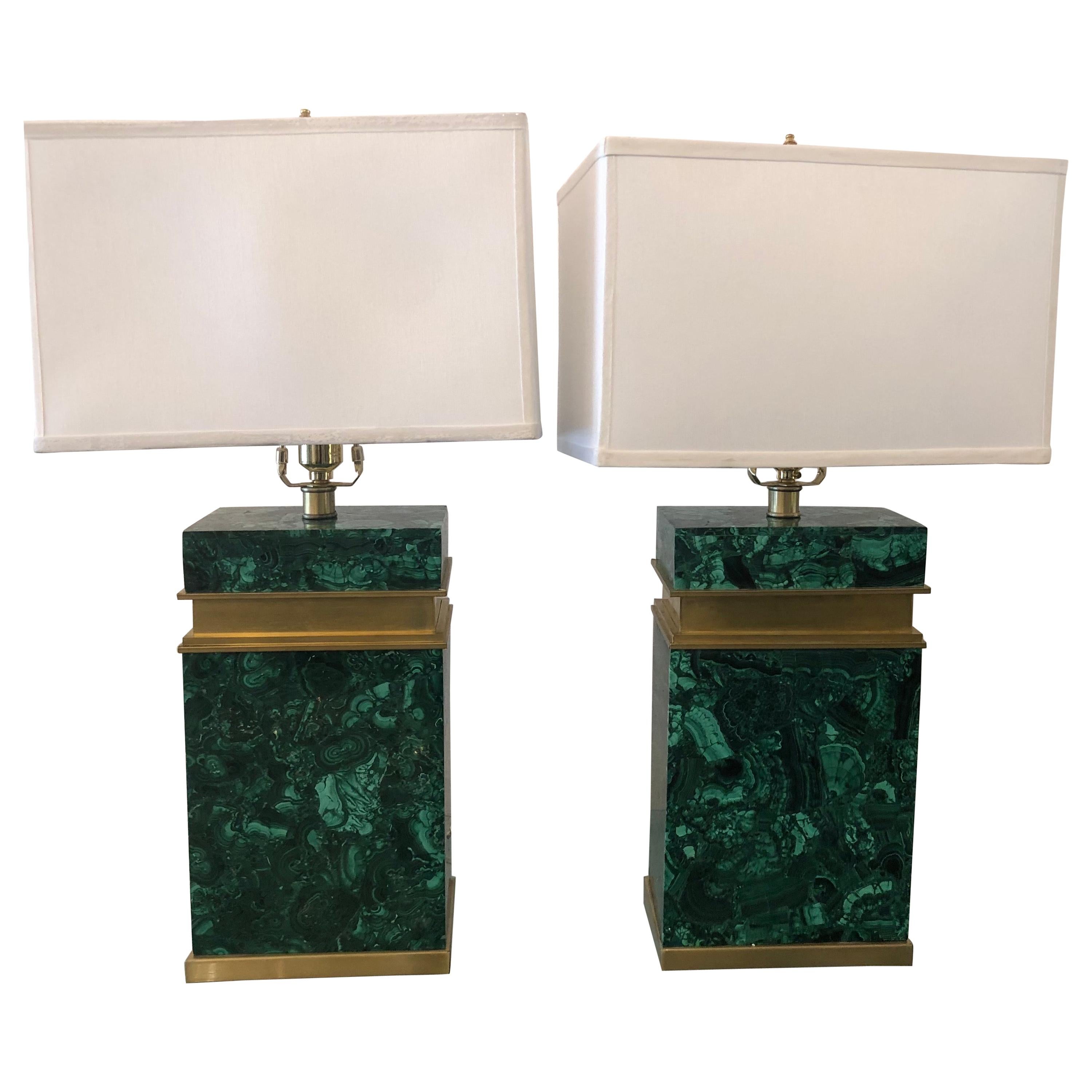 Pair of Malachite Lamps For Sale