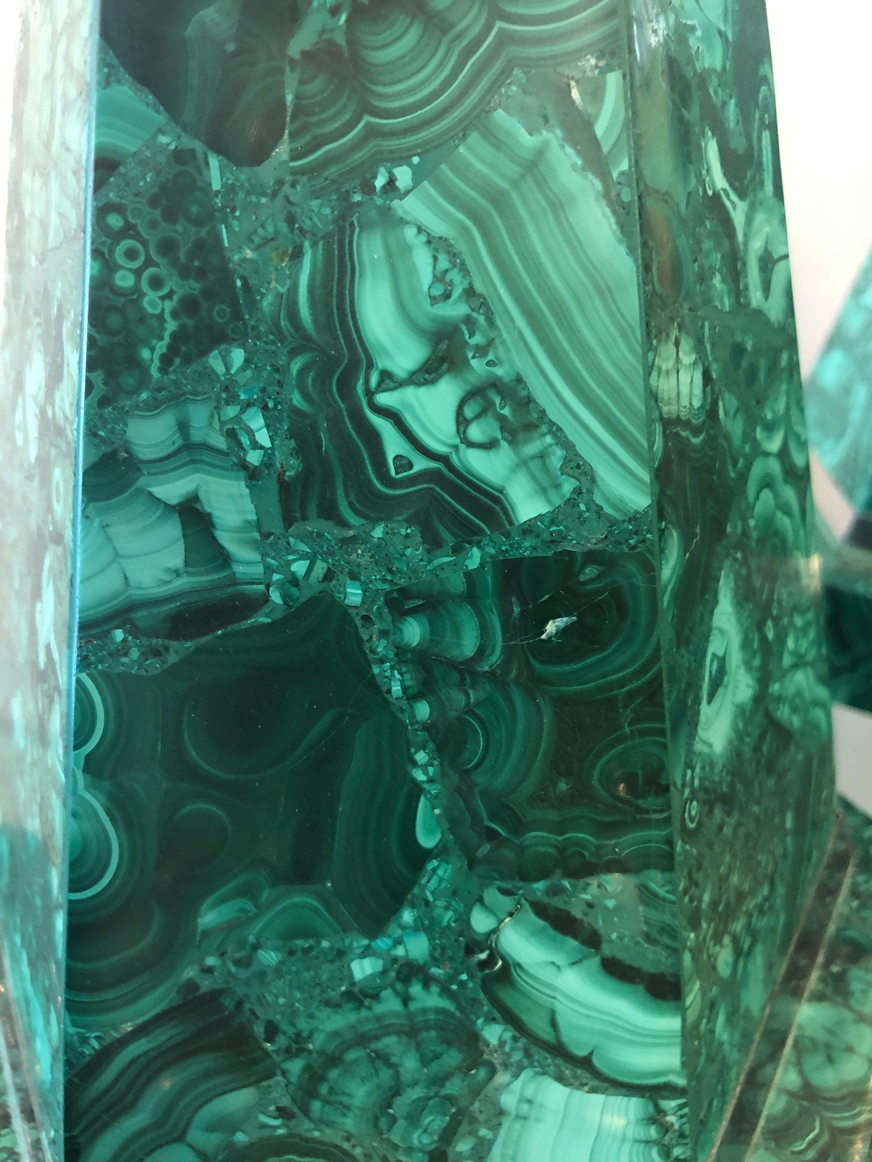 Pair of Malachite Lighthouse Lamps In Excellent Condition In Dallas, TX