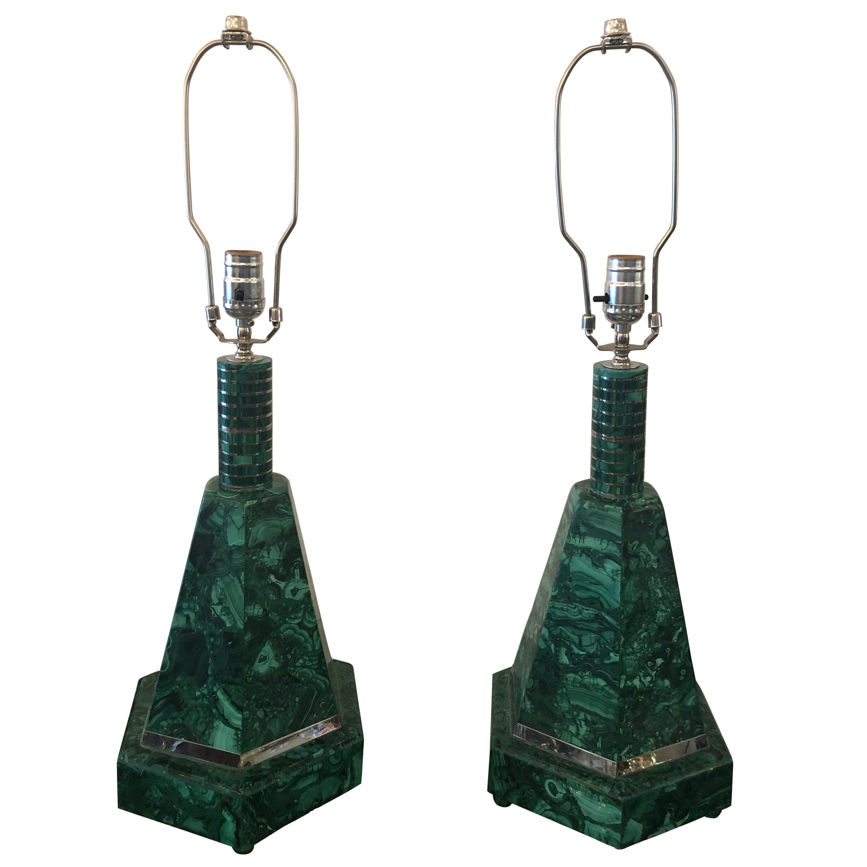 Pair of Malachite Lighthouse Lamps